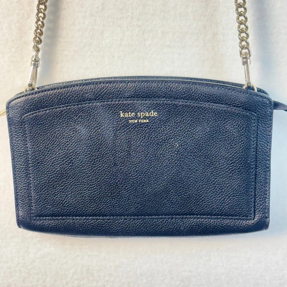 Kate Spade New York Black Pebbled Leather Crossbody Bag Gold Chain Strap